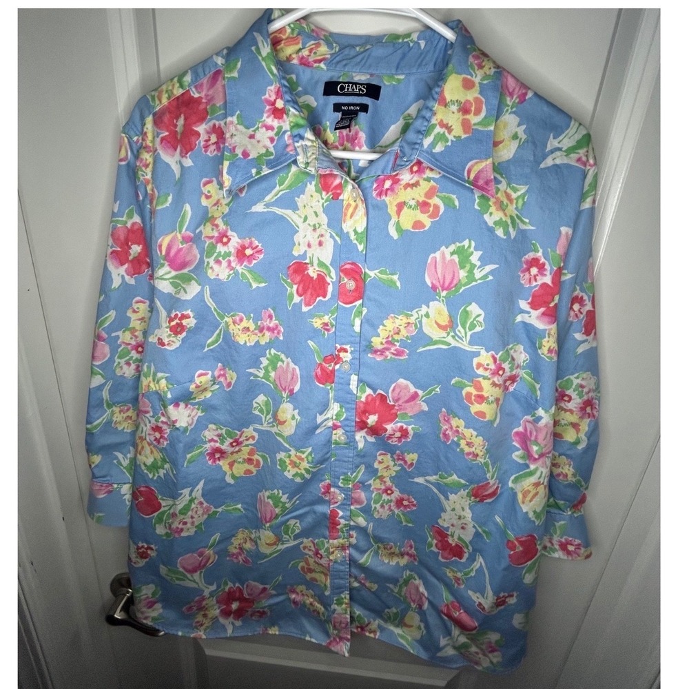 Chaps Ralph Lauren Floral Button Down Blue Pink Long Sleeve Shirt Womens 2XL